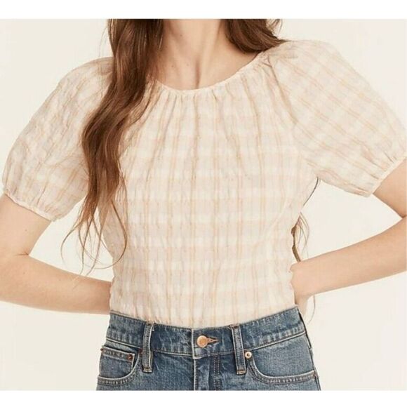 J. Crew Tops - J Crew Women's V Back Puff Sleeve Textured Plaid Top Blouse Size 2 NWOT
